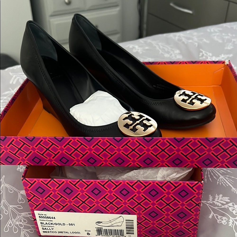 Tory Burch Black Flats with Gold Emblem